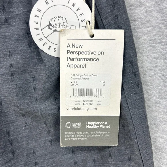 Vuori Shirt Mens Medium Charcoal Arrows Bridge Short Sleeve Button Stretch NEW - Picture 5 of 7